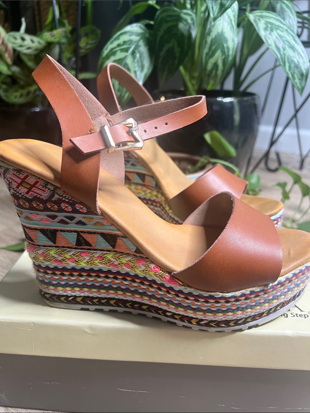 Brown Platform Wedge Sandals with Colorful Braided Sole